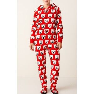 Coca Cola Polar Bear Feet Pajamas MEDIUM Red Jumpsuit Hood Comfy Loungewear
